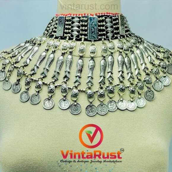 Tribal Choker Necklace With Fish Motifs and Vintage Coins, Afghan Fish Choker - Picture 6 of 9
